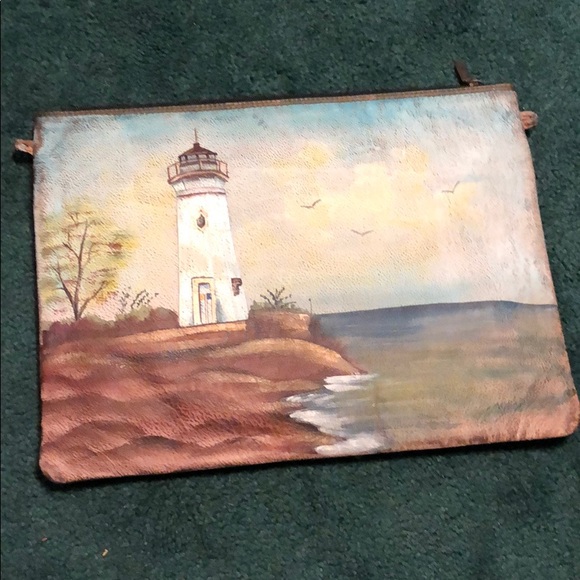 Lrg genuine leather hand painted bag w/ lighthouse - Picture 1 of 6